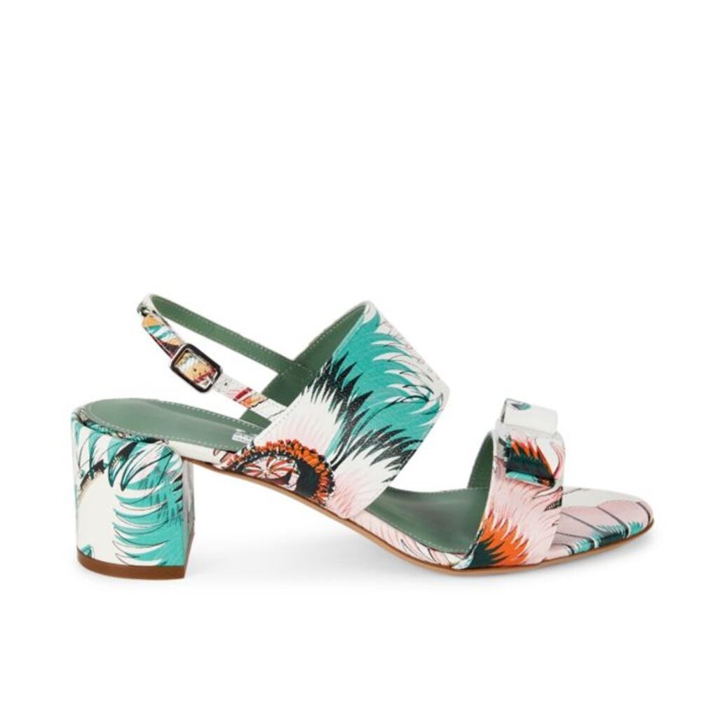 Ferragamo 6 Giulia Leaf-Printed Leather Vara Bow Heel Open Toe Sandal Pink Green